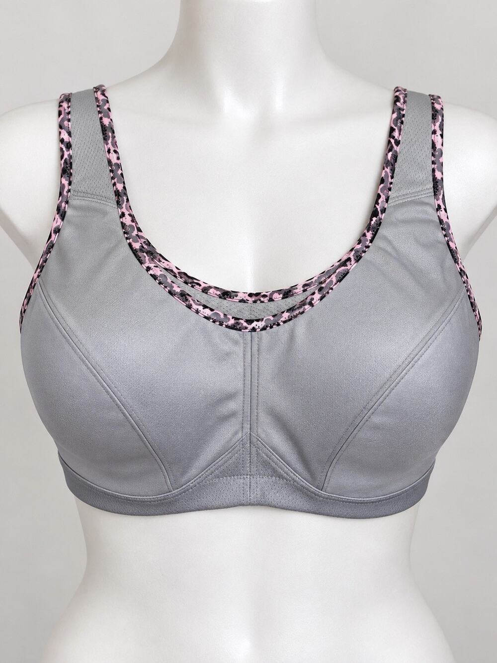 Glamorise Womens sports bra 36G Gray Pink Camo Trim High Impact Support